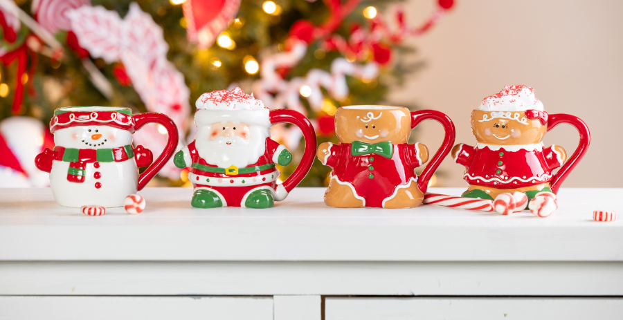Christmas-themed hot cocoa mugs by Transpac